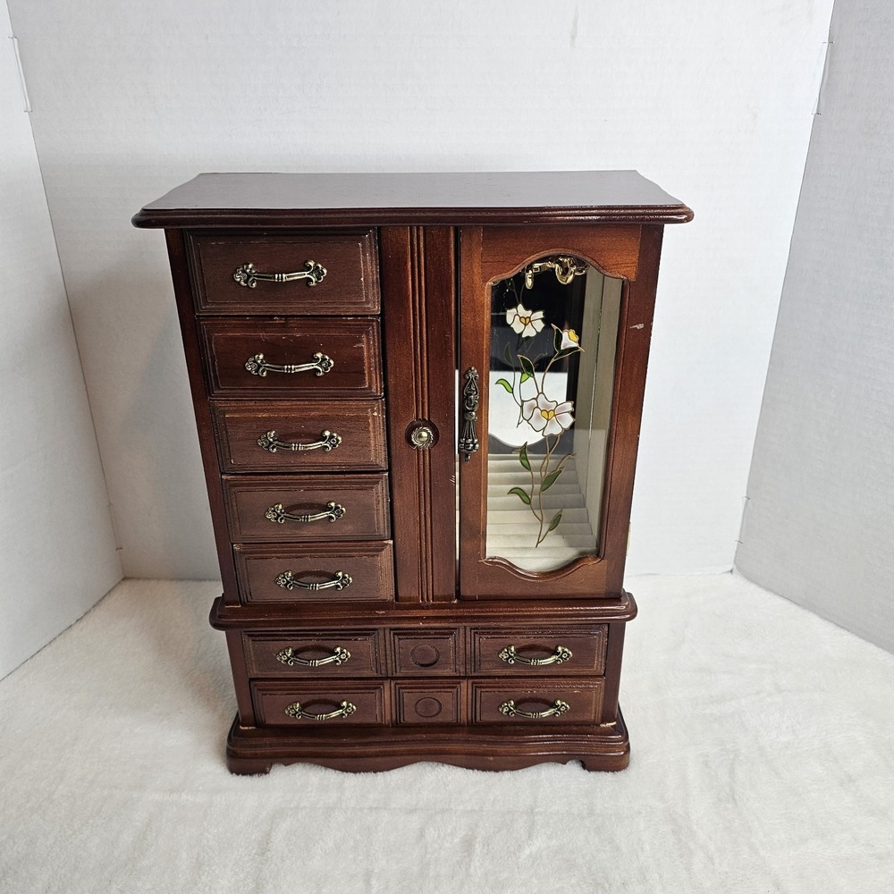 Vintage Jewelry Box Armoire Floral Glass Door 7 Drawers 12x16x5.25